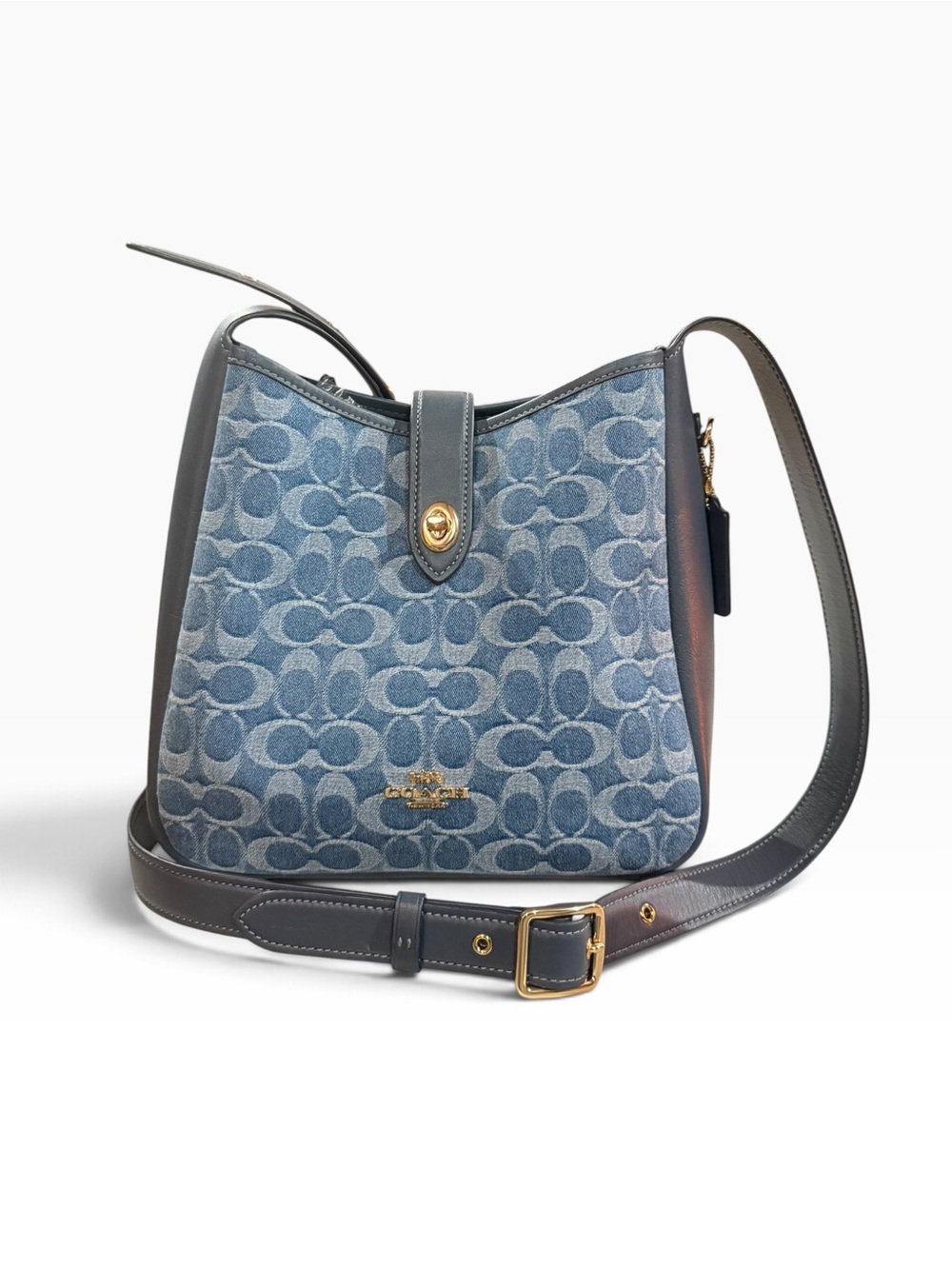 ❌sold❌Coach Hadley Signature Denim Convertible Crossbody Bag Blue Gold 2025 - Picture 12 of 12